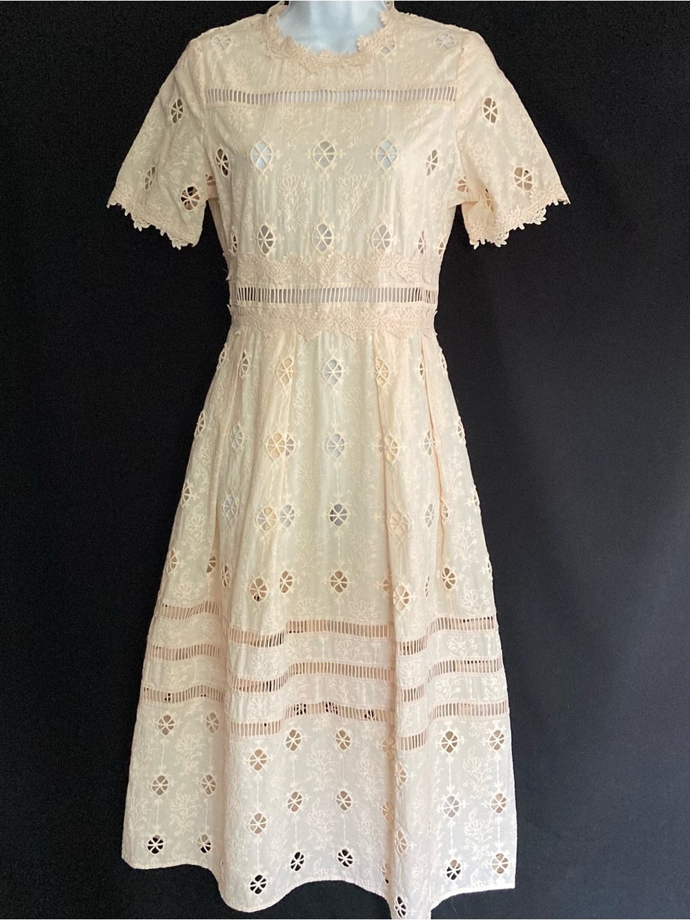 Maje Roselli Ecru Pleated Broderie Anglaise Cotton Midi Dress, NWT FR 36/US 4